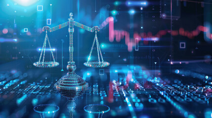 Wall Mural - Legal scales balanced with AI icons and binary code patterns, illustrating the high-risk nature of regulating artificial intelligence within the framework of law and ethics.