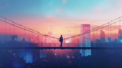 Wall Mural - Minimalist design of a businessman crossing a financial graph bridge, set against a city skyline at dusk, symbolizing progress and growth in a sleek composition.