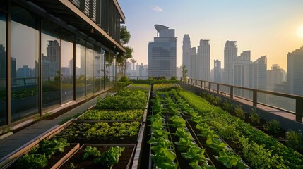 Wall Mural - Rooftop gardens atop urban buildings utilizing green infrastructure for sustainable food production in cities. --ar 16:9 --style raw Job ID: b0c7541f-fbf3-490a-8648-f418786c686b