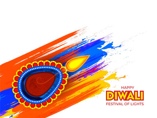 Poster - Festival of Lights, Happy Diwali celebration banner or poster design with illuminated oil lamp (Diya) on brush stroke background.