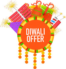 Wall Mural - Diwali Offer advertising poster design with illustration or firecrackers on purple blurred background.