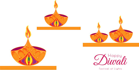 Canvas Print - Poster or banner design with paper cut style illuminated oil lamps on white background for Festival Of Light Diwali celebration.