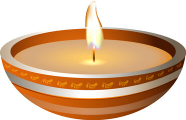 Sticker - Silver and brown Lit Oil Lamp Icon for Diwali Festival.