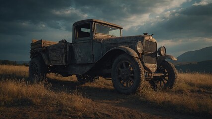 old, rusty truck sits abandoned in field, relic of bygone era. faded, peeling paint on vehicle tells