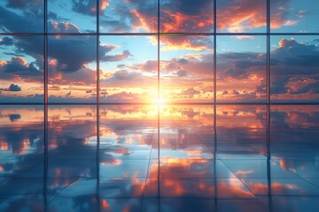 Wall Mural - Stunning sunset reflected in large glass windows, creating a mesmerizing and colorful sky view