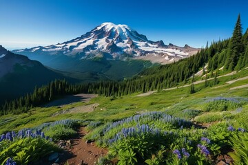 Wall Mural - Noon at Mount Rainier with Vibrant Summer Palette