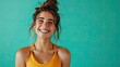 © Rasheed - Cutest fitness model in a happy mood, showing a cheerful expression, isolated on a teal background