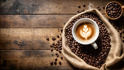 A steaming cup of coffee rests on a rustic wooden table beside a burlap sack, encircled by a scatter of roasted coffee beans.