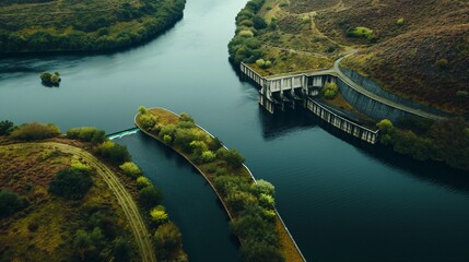 Wall Mural - A bird's-eye view of a river winding towards a hydroelectric dam. The dam integrates seamlessly into the river path, for energy production.
