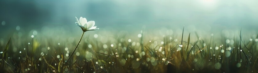 a serene single white flower stands gracefully amidst a field of dewy grass, bathed in soft early mo