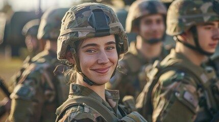 Sticker - Smiling Young female adult soldier in a soldier's uniform together with other soldiers in a soldier's uniform on a mission. 