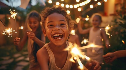 A photorealistic image of a group of diverse children, laughing and running through a backyard on a warm summer night, holding sparklers that cast long, shimmering trails of light. Their faces are