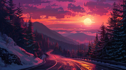 Wall Mural - Epic sunset illustration over winding mountain road in winter forest