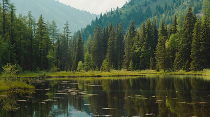 Beautiful landscape view of green summer forest with lake