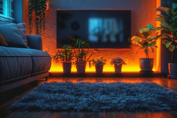 Wall Mural - Cozy living room with warm ambient lighting and houseplants, creating a comfortable and inviting atmosphere