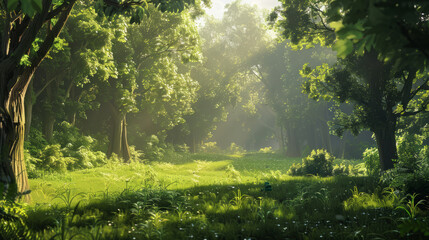 Wall Mural - Beautiful sunny morning in a lush green forest