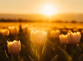 Canvas Print - Tulip flower garden desktop wallpaper and background with the light of the sun on the horizon 