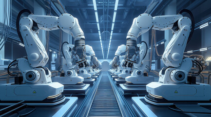 A large smart factory with white robotic arms working on a production line of modern electronic products