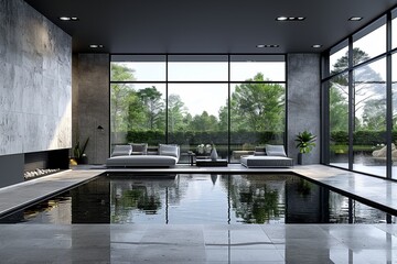 Poster - Luxurious indoor pool area with floor to ceiling windows offering a stunning mountain view