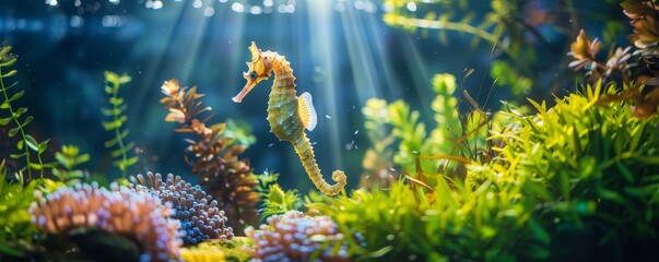 Wall Mural - Vibrant underwater scene with a seahorse amidst colorful coral and seaweed, illuminated by beams of sunlight.