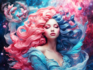 Wall Mural - astrology illustration of beautiful woman in pink, blue and aquamarine and the zodiac sign of pisces