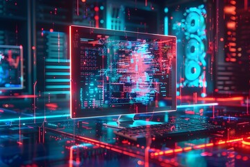 Wall Mural - A computer monitor is surrounded by a colorful, neon background. Concept of technology and innovation, with the bright colors and futuristic design