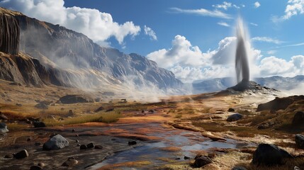 Wall Mural - A dramatic landscape of geysers and hot springs, naturally occurring phenomena associated with geothermal activity, with the focus on the raw power and beauty of these features.