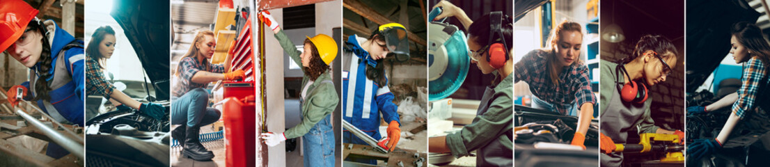 Wall Mural - Different young women in male profession. Destroying ender stereotypes. Hard working people, Mechanic, builder, technician. Concept of profession,. employment, diversity and choice