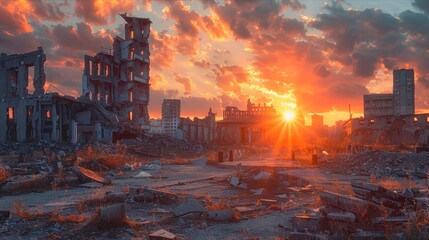 Abandoned building bathed in golden sunset light creating a dramatic scene