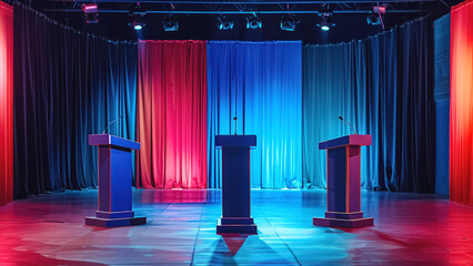 A vivid debate stage is set up with red and blue curtains, illuminated by stage lights. Central to the stage are three podiums for speakers to address the audience