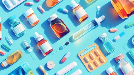 Flat design of an array of liquid medications and droppers, top view, pharmaceutical theme, vividcolored cartoon drawing focus on, drug administration, dynamic, Manipulation, lab bench backdrop