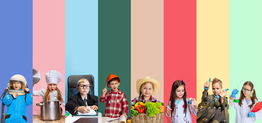 collage. portrait of little boys and girls, children in image of different professions posing isolat