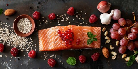 Poster - a composition of Salmon, berries, nuts 