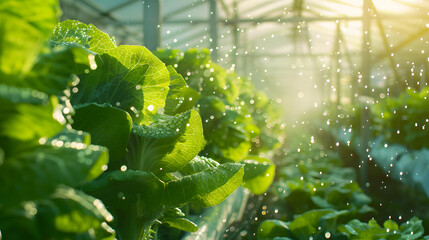 Vertical farm facility, showcasing rows of leafy greens and herbs growing vertically in stacked layers under artificial lighting, sustainable farming practices for urban agriculture food production