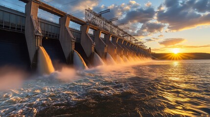 A hydroelectric dam at sunset, with the setting sun casting golden hues over the water and dam structure. The image captures a moment of natural beauty combined with human engineering.