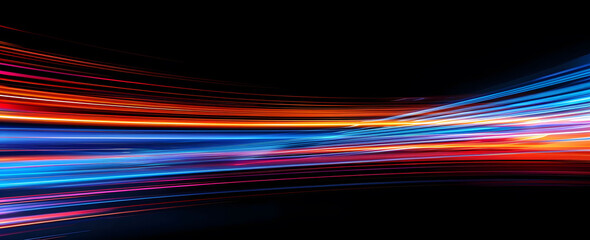 Poster - Abstract illustration depicting high-speed light trails in 3D, creating a dynamic and futuristic backdrop. The red and blue light motion trails convey a sense of fast movement and modern technology.