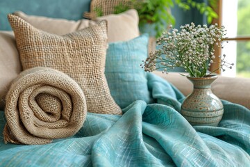 Sticker - Cozy and stylish home decor with soft cushions and a wicker basket, creating a warm and inviting atmosphere perfect for relaxation and comfort in a beautiful setting