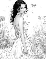 Wall Mural - A woman in a white dress is standing in a field of flowers