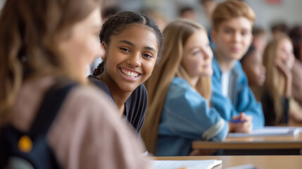 A young girl with braided hair smiles while engaging in a classroom setting, expressing enthusiasm and confidence