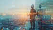 © Mahemud - Future building construction engineering and technology project concept. double exposure graphic with engineer using digital tablet and smart industry and IOT software to control operation.