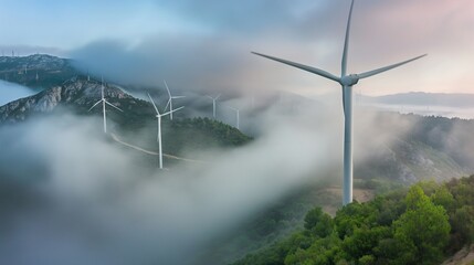 Wall Mural - A misty morning on a mountain range with wind turbines peering through the fog. The scene captures a mystical and serene setting, emphasizing the quiet and unobtrusive nature of wind energy.