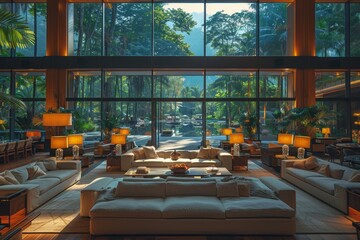 Poster - Spacious living room with large windows offering a forest view, featuring modern decor and cozy seating for a luxurious and inviting home setting