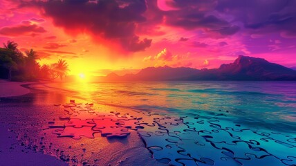 Wall Mural - Stunning vivid sunset beach scene with colorful sky and serene waves, evoking tranquility and beauty in a tropical paradise.