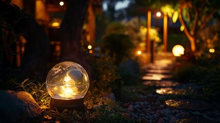 A night-time setting with a glass globe illuminated by the soft light of eco-friendly LED lamps, placed in a garden to highlight sustainable energy usage in maintaining our planet's health.