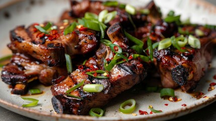 Wall Mural - Close-up of perfectly charred grilled pork neck pieces on a plate, garnished with spring onions and chili