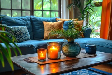 Sticker - Cozy living room with blue sofa and warm lighting, creating an inviting and relaxing atmosphere perfect for quiet evenings at home