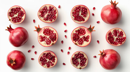 Ripe red pomegranates isolated on white background, top view, copy space