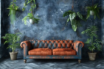 Poster - Cozy living room with a blue velvet sofa and potted plants, featuring a textured wall and warm lighting for a stylish and inviting home interior