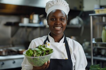 A black female chef holding a salad in her hand, standing at the kitchen counter of an open restaurant