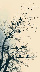 Wall Mural - Capture the cheerful sound of chirping birds in a minimalist digital illustration. Show simple silhouettes of birds perched on tree branches or flying through the sky. Use bold, clean lines and a